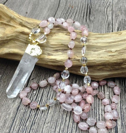 Natural Clear Quartz & Rose Quartz Gemstone Necklace