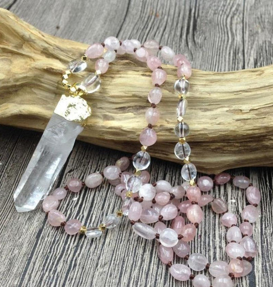 Natural Clear Quartz & Rose Quartz Gemstone Necklace