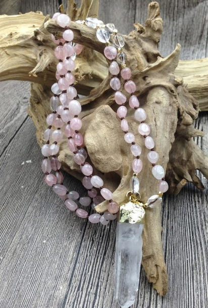 Natural Clear Quartz & Rose Quartz Gemstone Necklace