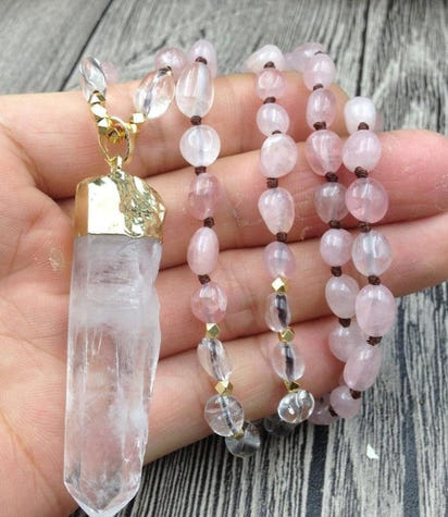 Natural Clear Quartz & Rose Quartz Gemstone Necklace