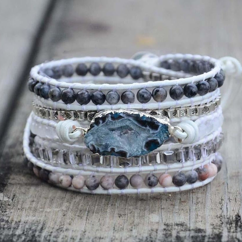 Natural Labradorite, White Jade & Druzy Wrap Bracelet