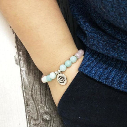 Natural Rose Quartz & Amazonite Gemstone Bead Mala Bracelet
