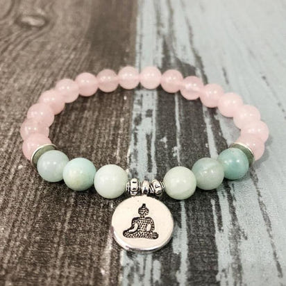 Natural Rose Quartz & Amazonite Gemstone Bead Mala Bracelet
