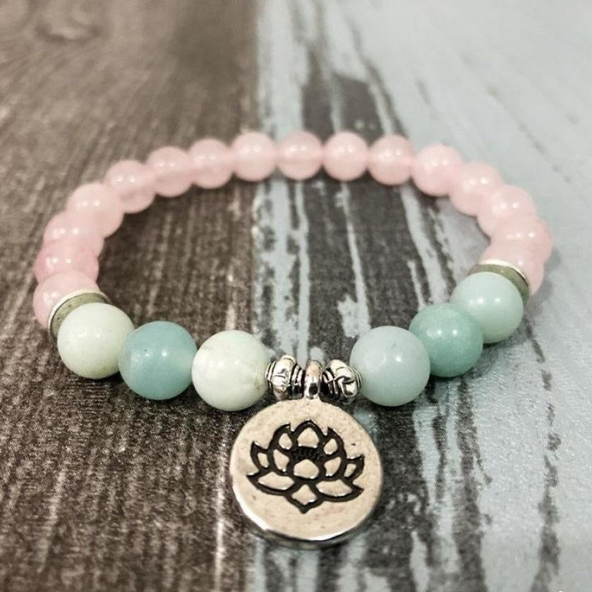 Natural Rose Quartz & Amazonite Gemstone Bead Mala Bracelet