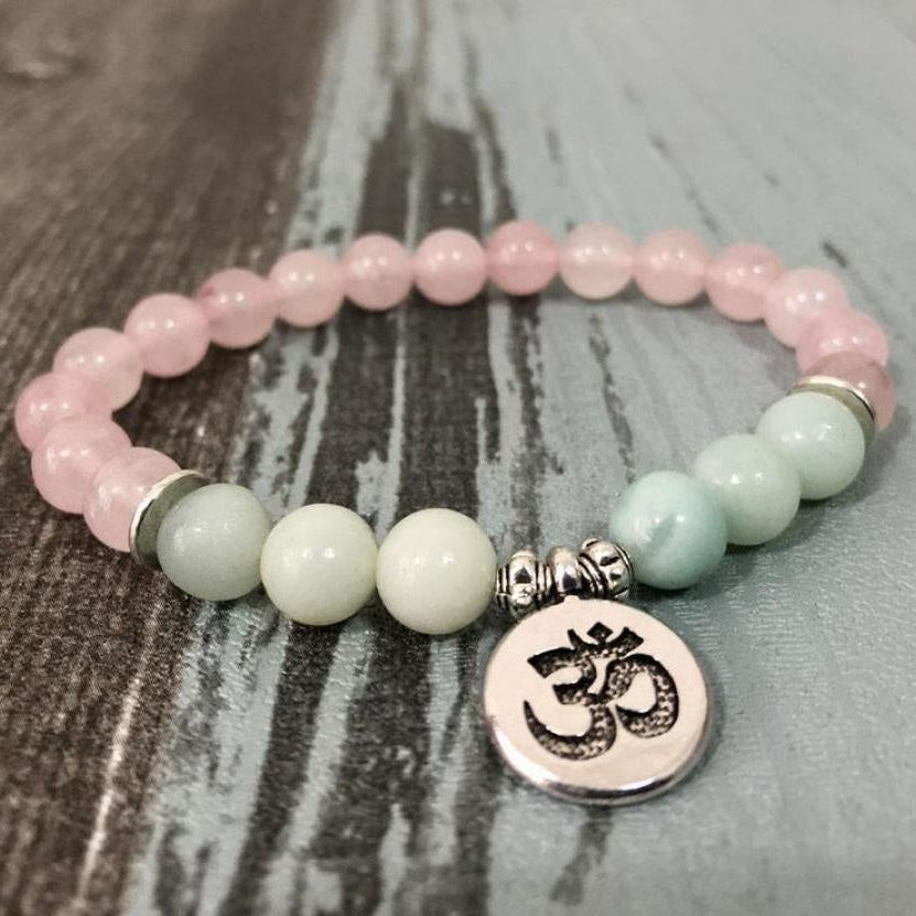 Natural Rose Quartz & Amazonite Gemstone Bead Mala Bracelet